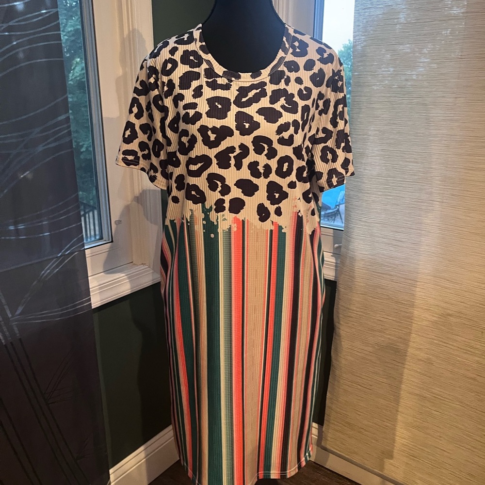 Crazy Train Beige & Black Leopard Top with Multicolor Vertical Stripe Midi Dress